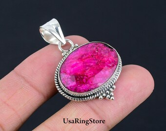 Collier En Argent Plaqué Avec Pendentif Rubis Rose En Forme De Poire - Fait Main, Chaîne 36 Pouces