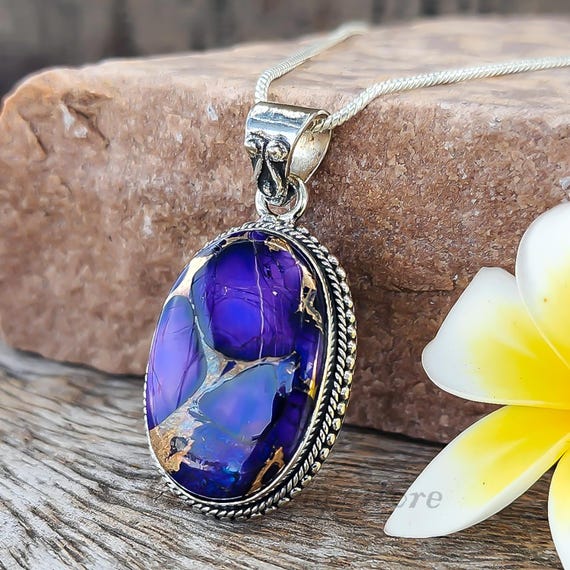 Purple Copper Turquoise Necklace, Kingman Turquoise Pendant, 925