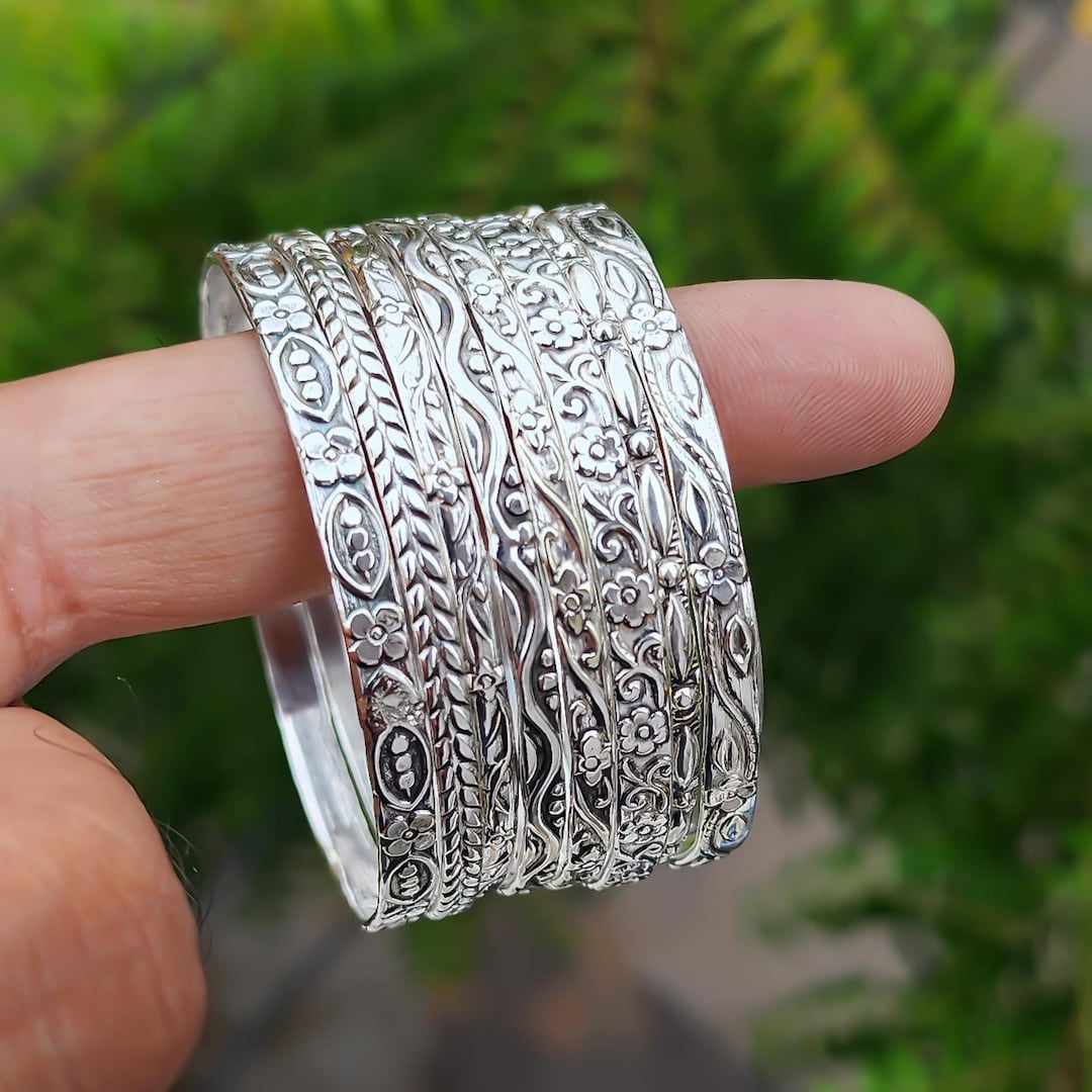 Set of 8 Sterling Silver Bangles: Thick Floral Boho Bracelet - Etsy