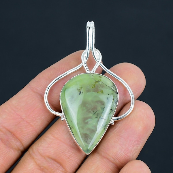 Natural Green Prehnite Pendant - 925 Sterling Silver Gemstone Necklace - Unique Christmas Gift for Her - Green Silver Pendant