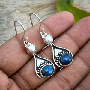 Handmade Labradorite Pearl Earrings: 925 Sterling Silver Jewelry