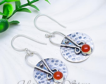Handmade Carnelian Sterling Silver Dangle Earrings, Boho Artisan Jewelry