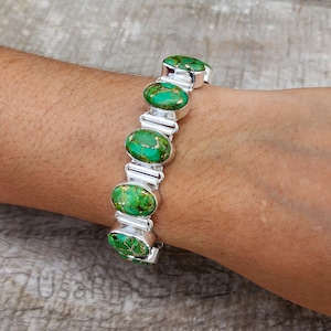 Green Copper Turquoise Bracelet: Handmade 925 Sterling Silver, Adjustable