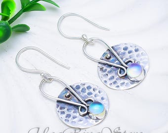 Handmade Pear Aurora Opal Earrings, Sterling Silver Boho Bridal Jewelry
