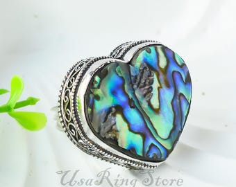 Anello a forma di cuore in conchiglia di abalone: gioiello fatto a mano in argento sterling 925