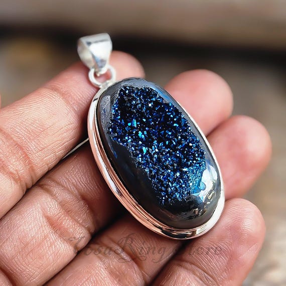 Handmade Blue Druzy Pendant: Titanium Window, Sterling Silver