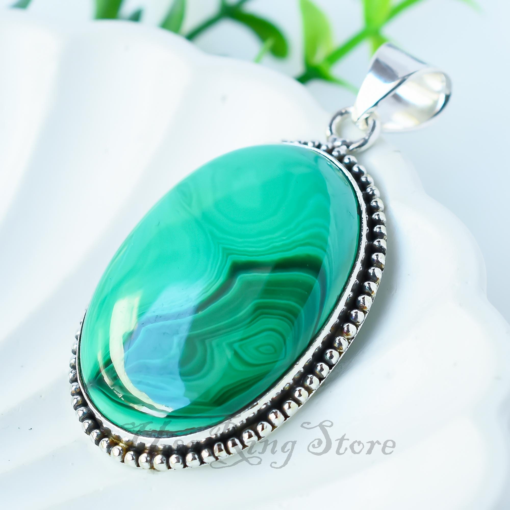 Green Malachite Pendant Necklace: Handmade 925 Sterling Silver