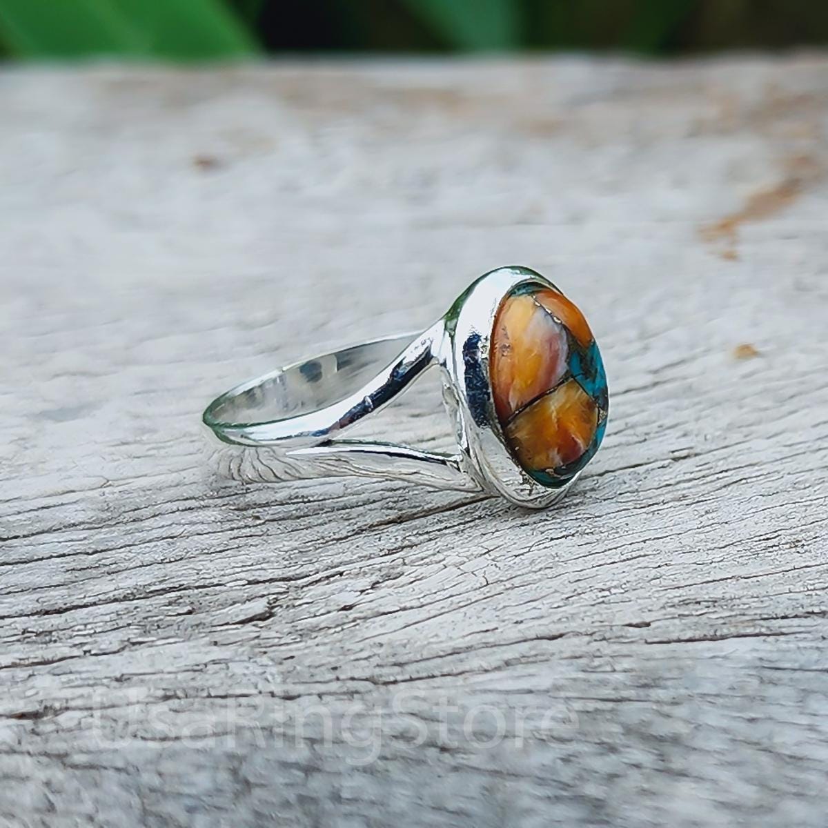 Spiny Oyster Copper Turquoise Ring: 925 Sterling Silver Statement