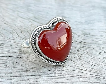 Natural Carnelian Heart Ring, 925 Sterling Silver Handmade Gemstone Jewelry, Stamped Labradorite Ring, Unique Gift for Love Wife