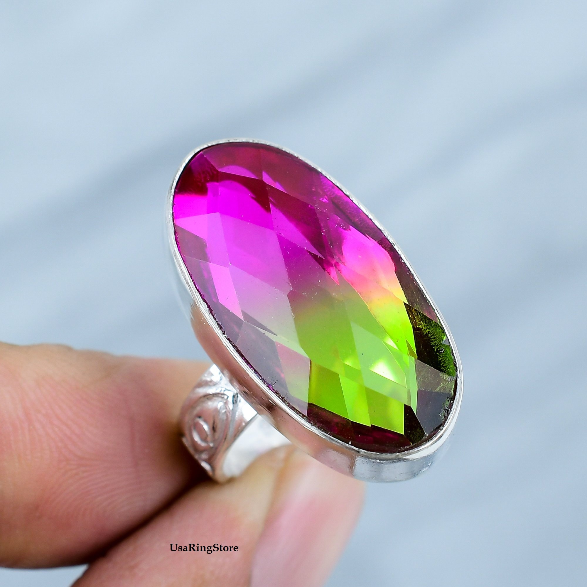 Bague Argent 925 Tourmaline Bio Couleur Faite Main Réglable Taille 9 - Bijou Artisanal Inde