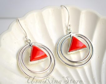 Brincos de coral vermelho italiano em prata esterlina 925 – Joia triangular exclusiva feita à mão com pedras preciosas, presente de Natal para ela