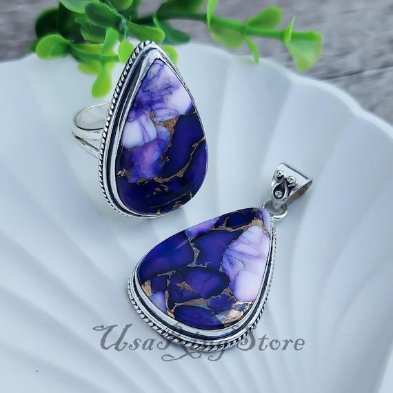 Purple Dahlia Copper Turquoise Pendant and Ring Set, Sterling