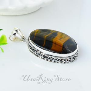 Tiger&#39;s Eye Pendant Necklace - Unique Gift for Her - 925 Sterling Silver Antique Jewelry Natural Gemstone - Mother&#39;s Day Gift Ideas