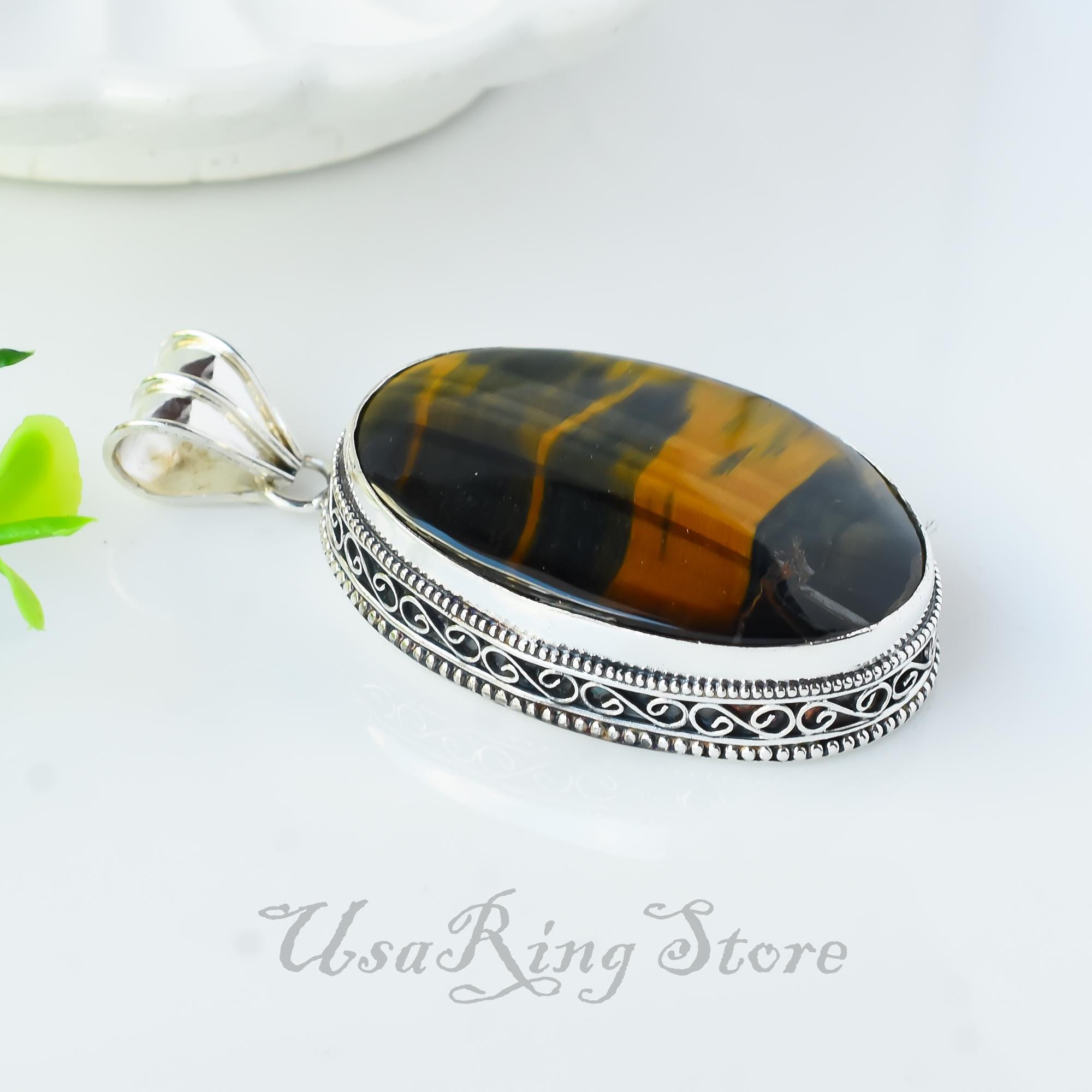 Collier En Argent 925 Fait Main Avec Pierre œil De Chat - Longueur 36 Pouces, Inde