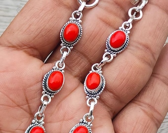Red Coral Gemstone Handmade 925 Sterling Silver Bracelet 925 Stamped Gemstone Natural Red Coral Bracelet Gift For Her