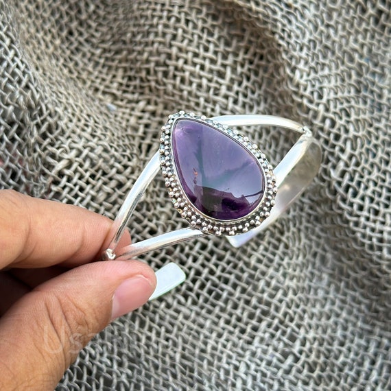 ペアシェイプアメジストバングル：調節可能な925スターリングシルバー