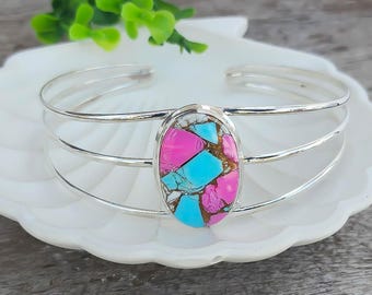 Cotton Candy Turquoise Bangle – 925 Sterling Silver Adjustable Cuff