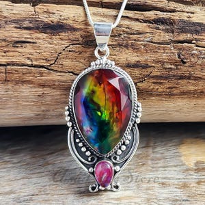 Handmade Ammolite Pendant: Sterling Silver Necklace, Canadian Gemstone