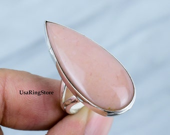 Pink Peruvian Opal Ring: Handmade 925 Sterling Silver Statement Jewelry