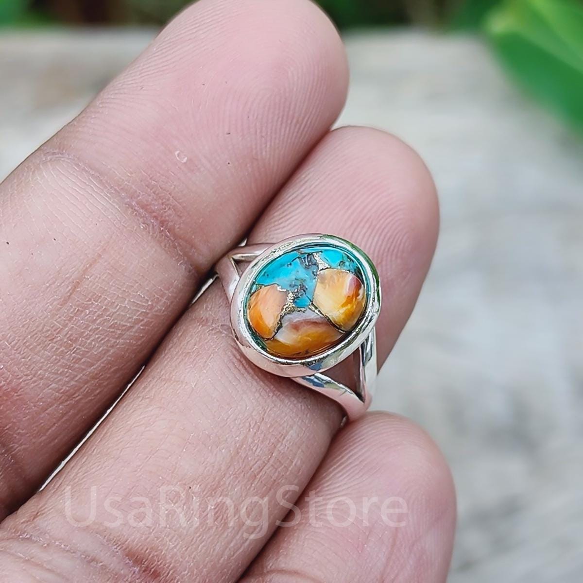 Spiny Oyster Copper Turquoise Ring: 925 Sterling Silver Statement