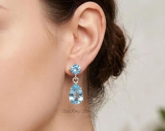 Handmade Coffin Shape  Blue Topaz Earrings: 925 Sterling Silver Stud