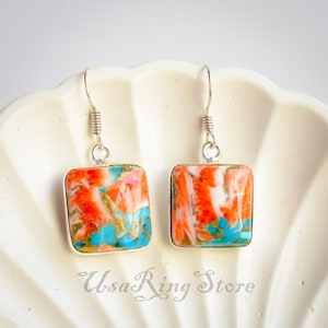 Spiny Oyster Turquoise Dangle Earrings: Sterling Silver Boho Jewelry