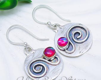 Handmade Sterling Silver Triplet Opal Round Cabochon Earrings, Boho Artisan Jewelry