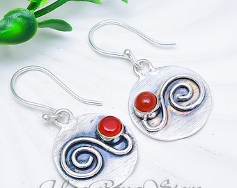 Handmade Carnelian Sterling Silver Dangle Earrings, Boho Artisan Jewelry