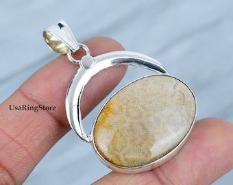 Natural Fossil Coral Pendant: Handmade 925 Sterling Silver Jewelry