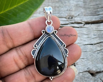 Rainbow Eye Obsidian Moonstone Pendant: Handmade 925 Sterling Silver Jewelry