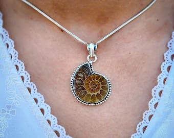 Sterling Silver Ammonite Pendant: Fossil Gemstone Necklace