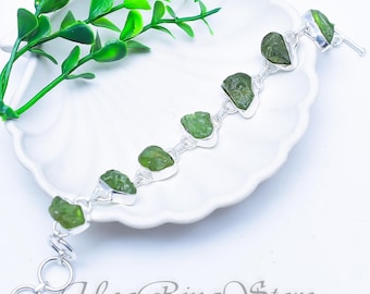 Raw Moldavite Sterling Silver Bracelet, Boho Artisan Crystal Jewelry
