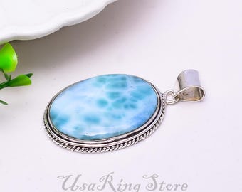 Handmade Larimar Pendant: Sterling Silver Oval Boho Necklace