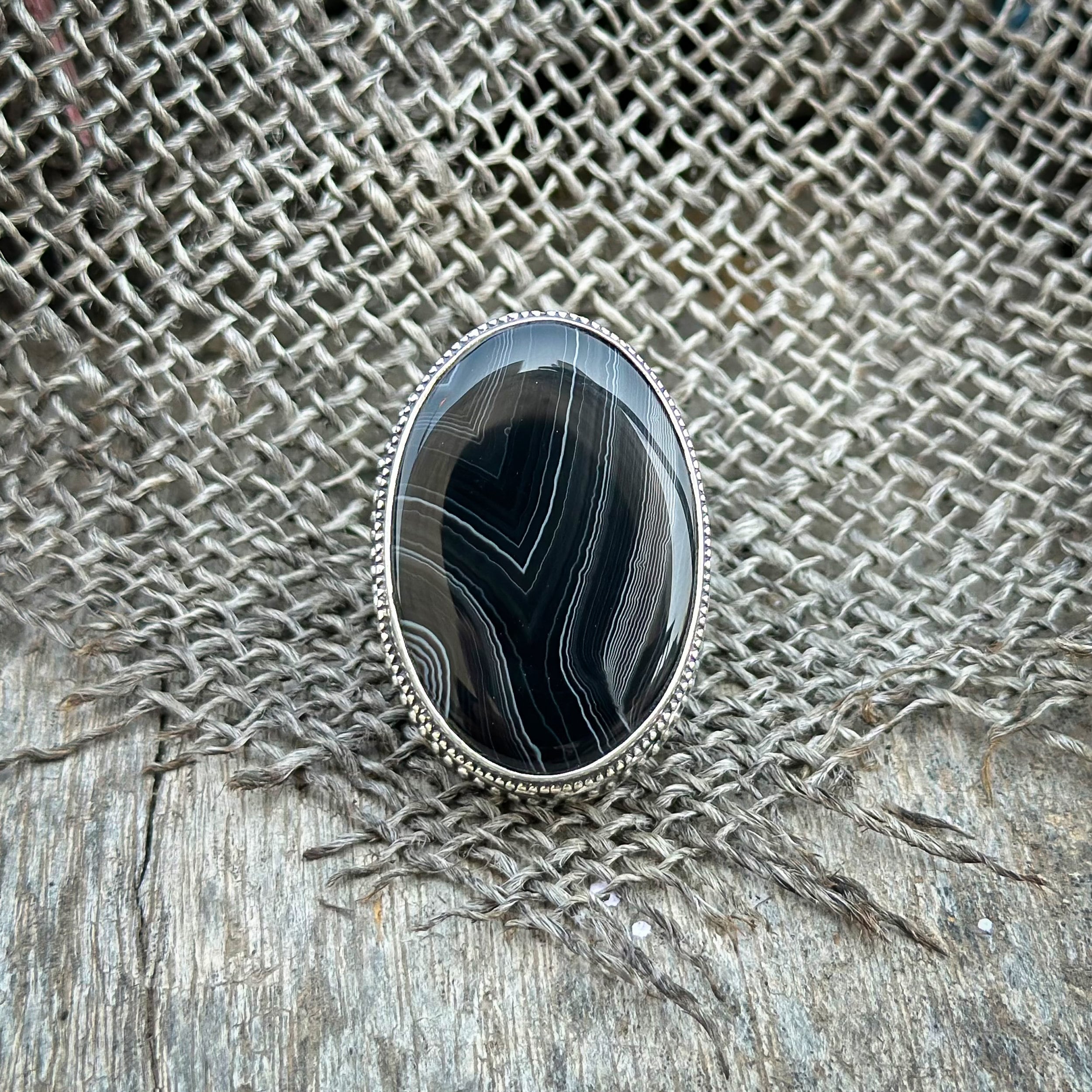 Handmade Banded Agate Ring: Oval 925 Sterling Silver