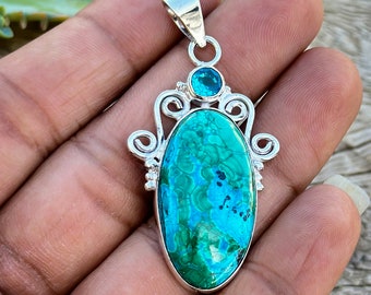 Ciondolo in argento sterling con malachite e crisocolla - Gioielli artigianali fatti a mano