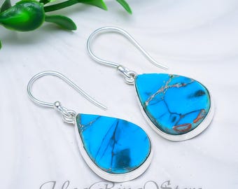 Sterling Silver Sea Sediment Jasper Earrings, Boho Blue Gemstone Dangle Jewelry