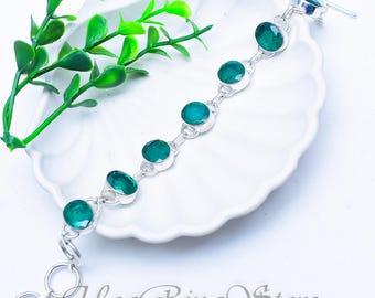 Handcrafted Natural Green Emerald Quartz Sterling Silver Bracelet, Boho Style, Stackable Gemstone Jewelry