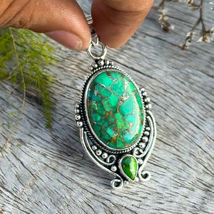 Handmade Green Copper Turquoise Pendant in Solid 925 Sterling Silver. Oval stone with two turquoise stones set in a sleek, elegant silver design. Perfect wedding anniversary gift for her.
