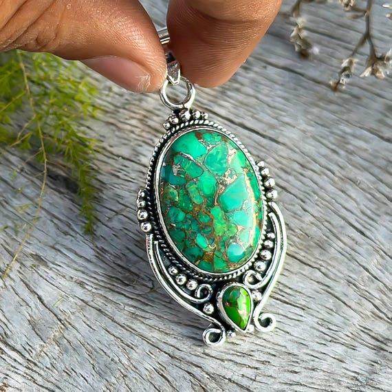 Handmade Green Copper Turquoise Pendant: Sterling Silver Oval Necklace