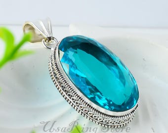 Pendentif En Argent Sterling 925 Avec Topaze Bleue De Londres Naturelle - Fait Main - Bijou Éclatant