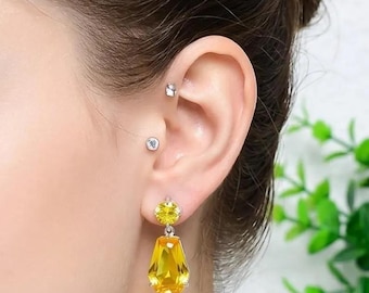 Handmade Citrine Sterling Silver Stud Earrings, Boho Golden Yellow Gemstone Jewelry