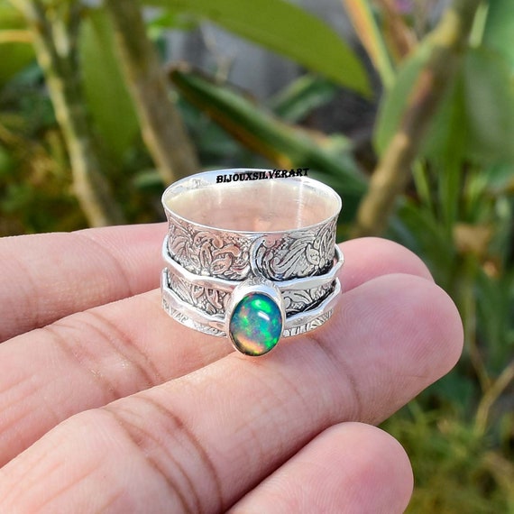 Ethiopian Opal Ring Sterling Silver Ring Garnet Spinner Ring