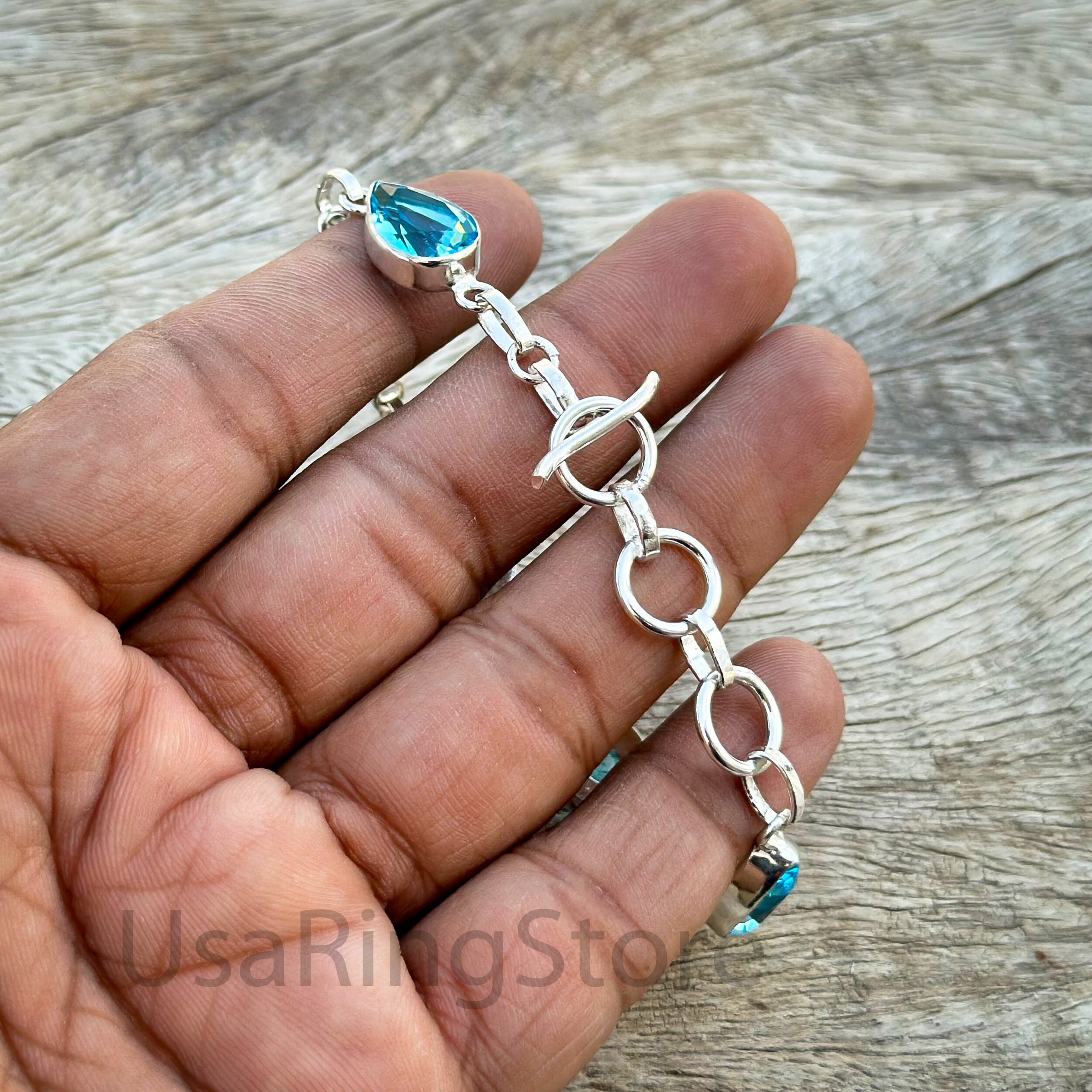 Bracelet Main En Argent Sterling 925 Avec Topaze Iolite - Réglable - Neuf Sans Boîte
