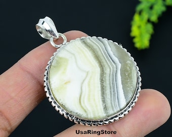 Handcrafted Zebra Calcite Pendant: 925 Sterling Silver Statement Necklace