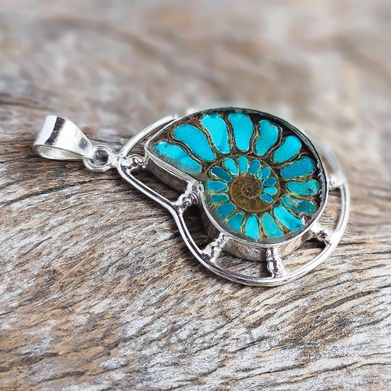 Ammonite Fossil Turquoise Pendant: Sterling Silver Nautical