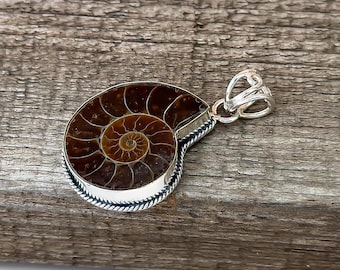 Handmade Sterling Silver Ammonite Fossil Pendant Necklace