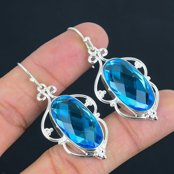Boucles D'oreilles Pendantes En Argent 925 Avec Topaze Bleue - Occasion Très Bon état