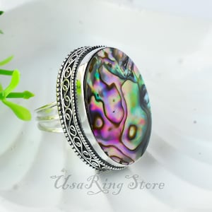 Abalone Shell Ring – 925 Sterling Silver Gift for Her, Handmade Unique Gemstone Jewelry, Stamped & Elegant Design