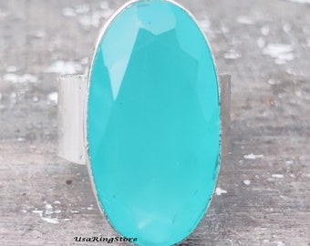 Long Aqua Chalcedony Ring, 925 Sterling Silver Ring, Handmade Ring, Natural Stone Ring, Aqua Chalcedony Gemstone Ring, Gifts for Her