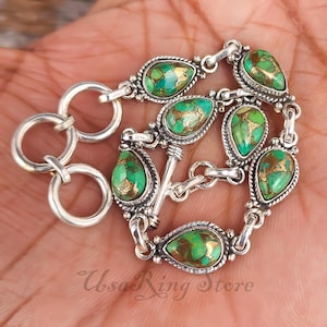 Green Copper Turquoise Bracelet: Handmade 925 Sterling Silver, Adjustable